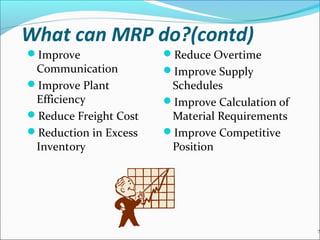 What can MRP do?(contd)
Improve
Communication
Improve Plant
Efficiency
Reduce Freight Cost
Reduction in Excess
Inventory
Reduce Overtime
Improve Supply
Schedules
Improve Calculation of
Material Requirements
Improve Competitive
Position
7
 