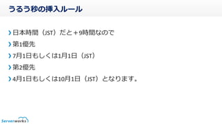 うるう秒の挿入ルール
日本時間(JST)だと＋9時間なので
第一優先
7月1日もしくは1月1日(JST)
第二優先
4月1日もしくは10月1日(JST)となります。
 