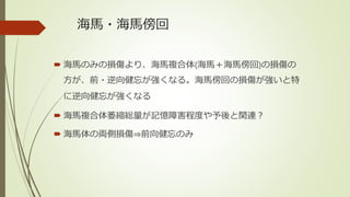 海馬・海馬傍回
 海馬のみの損傷より、海馬複合体(海馬＋海馬傍回)の損傷の
方が、前・逆向健忘が強くなる。海馬傍回の損傷が強いと特
に逆向健忘が強くなる
 海馬複合体萎縮総量が記憶障害程度や予後と関連？
 海馬体の両側損傷⇒前向健忘のみ
 