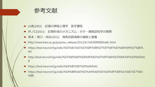 参考文献
 山鳥(2002) 記憶の神経心理学 医学書院
 井ノ口(2011) 記憶形成のメカニズム：分子・細胞認知学の展開
 坂本・坂口・池谷(2013) 海馬回路演算の機能と意義
 http://www.keio.ac.jp/ja/press_release/2012/kr7a4300000bhe8c.html
 https://bsd.neuroinf.jp/wiki/%E5%81%A5%E5%BF%98%E7%97%87%E5%80%99%E7%BE%
A4
 http://bsd.neuroinf.jp/wiki/%E5%89%8D%E8%84%B3%E5%9F%BA%E5%BA%95%E9%83%A
8
 https://bsd.neuroinf.jp/wiki/%E6%B5%B7%E9%A6%AC
 https://bsd.neuroinf.jp/wiki/%E4%B8%AD%E5%A4%AE%E5%AE%9F%E8%A1%8C%E7%B3
%BB
 