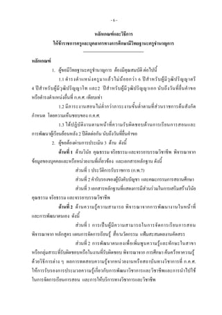 - 6 -
หลักเกณฑและวิธีการ 
ใหขาราชการครูและบุคลากรทางการศึกษามีวิทยฐานะครูชํานาญการ
 
หลักเกณฑ
1. ผูขอมีวิทยฐานะครูชํานาญการ ตองมีคุณสมบัติ ตอไปนี้ 
1.1 ดํารงตําแหนงครูมาแลวไมนอยกวา 6 ปสําหรับผูมีวุฒิปริญญาตรี
4 ปสําหรับผูมีวุฒิปริญญาโท และ2 ปสําหรับผูมีวุฒิปริญญาเอก นับถึงวันที่ยื่นคําขอ
หรือดํารงตําแหนงอื่นที่ ก.ค.ศ. เทียบเทา 
1.2 มีภาระงานสอนไมต่ํากวาภาระงานขั้นต่ําตามที่สวนราชการตนสังกัด
กําหนด โดยความเห็นชอบของ ก.ค.ศ. 
1.3 ไดปฏิบัติงานตามหนาที่ความรับผิดชอบดานการเรียนการสอนและ
การพัฒนาผูเรียนยอนหลัง 2 ปติดตอกัน นับถึงวันที่ยื่นคําขอ
2. ผูขอตองผานการประเมิน 3 ดาน ดังนี้
ดานที่ 1 ดานวินัย คุณธรรม จริยธรรม และจรรยาบรรณวิชาชีพ พิจารณาจาก
ขอมูลของบุคคลและหรือหนวยงานที่เกี่ยวของ และเอกสารหลักฐาน ดังนี้
สวนที่ 1 ประวัติการรับราชการ (ก.พ.7)
สวนที่ 2 คํารับรองของผูบังคับบัญชา และคณะกรรมการสถานศึกษา
สวนที่ 3 เอกสารหลักฐานที่แสดงการมีสวนรวมในการเสริมสรางวินัย
คุณธรรม จริยธรรม และจรรยาบรรณวิชาชีพ
ดานที่ 2 ดานความรูความสามารถ พิจารณาจากการพัฒนางานในหนาที่
และการพัฒนาตนเอง ดังนี้
สวนที่ 1 การเปนผูมีความสามารถในการจัดการเรียนการสอน
พิจารณาจาก หลักสูตร แผนการจัดการเรียนรู สื่อ/นวัตกรรม แฟมสะสมผลงานคัดสรร
สวนที่ 2 การพัฒนาตนเองเพื่อเพิ่มพูนความรูและทักษะในสาขา
หรือกลุมสาระที่รับผิดชอบหรือในงานที่รับผิดชอบ พิจารณาจาก การศึกษา คนควาหาความรู
ดวยวิธีการตาง ๆ ผลการทดสอบความรูจากหนวยงานหรือสถาบันทางวิชาการที่ ก.ค.ศ.
ใหการรับรองการประมวลความรูเกี่ยวกับการพัฒนาวิชาการและวิชาชีพและการนําไปใช
ในการจัดการเรียนการสอน และการใหบริการทางวิชาการและวิชาชีพ
 