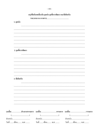 - 108 -
สรุปขอสังเกตเกี่ยวกับ จุดเดน จุดที่ควรพัฒนา และขอคิดเห็น 
ราย (นาย นาง นางสาว)................................................... 
1. จุดเดน 
....................................................................................................................................................
.....................................................................................................................................................................
.....................................................................................................................................................................
.....................................................................................................................................................................
.....................................................................................................................................................................
.....................................................................................................................................................................
..................................................................................................................................................................... 
2. จุดที่ควรพัฒนา
....................................................................................................................................................
.....................................................................................................................................................................
.....................................................................................................................................................................
.....................................................................................................................................................................
.....................................................................................................................................................................
.....................................................................................................................................................................
.....................................................................................................................................................................  
3. ขอคิดเห็น 
....................................................................................................................................................
.....................................................................................................................................................................
.....................................................................................................................................................................
.....................................................................................................................................................................
.....................................................................................................................................................................
..................................................................................................................................................................... 
..................................................................................................................................................................... 
(ลงชื่อ) ......................ประธานกรรมการ
(.........................................)
ตําแหนง.........................................
วันที่ ........ เดือน.......... พ.ศ. .........
 
(ลงชื่อ) ...................................กรรมการ
(.........................................)
ตําแหนง.........................................
วันที่ ........ เดือน.......... พ.ศ. .........
 
(ลงชื่อ) ....................................กรรมการ
(.........................................)
ตําแหนง.........................................
วันที่ ........ เดือน.......... พ.ศ. .........
 
