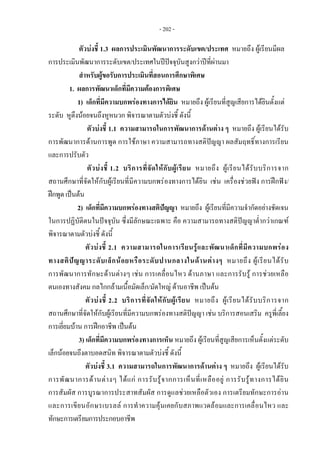 - 202 - 
ตัวบงชี้ 1.3 ผลการประเมินพัฒนาการระดับเขต/ประเทศ หมายถึง ผูเรียนมีผล
การประเมินพัฒนาการระดับเขต/ประเทศในปปจจุบันสูงกวาปที่ผานมา
สําหรับผูขอรับการประเมินที่สอนการศึกษาพิเศษ
1. ผลการพัฒนาเด็กที่มีความตองการพิเศษ
1) เด็กที่มีความบกพรองทางการไดยิน หมายถึง ผูเรียนที่สูญเสียการไดยินตั้งแต
ระดับ หูตึงนอยจนถึงหูหนวก พิจารณาตามตัวบงชี้ ดังนี้
ตัวบงชี้ 1.1 ความสามารถในการพัฒนาการดานตาง ๆ หมายถึง ผูเรียนไดรับ
การพัฒนาการดานการพูด การใชภาษา ความสามารถทางสติปญญา ผลสัมฤทธิ์ทางการเรียน
และการปรับตัว
ตัวบงชี้ 1.2 บริการที่จัดใหกับผูเรียน หมายถึง ผูเรียนไดรับบริการจาก
สถานศึกษาที่จัดใหกับผูเรียนที่มีความบกพรองทางการไดยิน เชน เครื่องชวยฟง การฝกฟง/
ฝกพูด เปนตน
2) เด็กที่มีความบกพรองทางสติปญญา หมายถึง ผูเรียนที่มีความจํากัดอยางชัดเจน
ในการปฏิบัติตนในปจจุบัน ซึ่งมีลักษณะเฉพาะ คือ ความสามารถทางสติปญญาต่ํากวาเกณฑ
พิจารณาตามตัวบงชี้ ดังนี้
ตัวบงชี้ 2.1 ความสามารถในการเรียนรูและพัฒนาเด็กที่มีความบกพรอง
ทางสติปญญาระดับเล็กนอยหรือระดับปานกลางในดานตางๆ หมายถึง ผูเรียนไดรับ
การพัฒนาการทักษะดานตางๆ เชน การเคลื่อนไหว ดานภาษา และการรับรู การชวยเหลือ
ตนเองทางสังคม กลไกกลามเนื้อมัดเล็ก/มัดใหญ ดานอาชีพ เปนตน
ตัวบงชี้ 2.2 บริการที่จัดใหกับผูเรียน หมายถึง ผูเรียนไดรับบริการจาก
สถานศึกษาที่จัดใหกับผูเรียนที่มีความบกพรองทางสติปญญา เชน บริการสอนเสริม ครูพี่เลี้ยง
การเยี่ยมบาน การฝกอาชีพ เปนตน
3) เด็กที่มีความบกพรองทางการเห็น หมายถึง ผูเรียนที่สูญเสียการเห็นตั้งแตระดับ
เล็กนอยจนถึงตาบอดสนิท พิจารณาตามตัวบงชี้ ดังนี้
ตัวบงชี้ 3.1 ความสามารถในการพัฒนาการดานตาง ๆ หมายถึง ผูเรียนไดรับ
การพัฒนาการดานตางๆ ไดแก การรับรูจากการเห็นที่เหลืออยู การรับรูทางการไดยิน
การสัมผัส การบูรณาการประสาทสัมผัส การดูแลชวยเหลือตัวเอง การเตรียมทักษะการอาน
และการเขียนอักษรเบรลล การทําความคุนเคยกับสภาพแวดลอมและการเคลื่อนไหว และ
ทักษะการเตรียมการประกอบอาชีพ
 