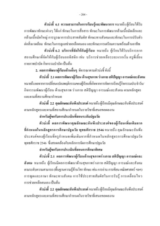 - 204 -
ตัวบงชี้ 6.1 ความสามารถในการเรียนรูและพัฒนาการ หมายถึง ผูเรียนไดรับ
การพัฒนาทักษะตางๆ ไดแก ทักษะในการสื่อสาร ทักษะในการพัฒนากลามเนื้อมัดเล็กและ
กลามเนื้อมัดใหญ การบูรณาการประสาทสัมผัส ทักษะทางสังคมและทักษะในการปรับตัว
ตอสิ่งแวดลอม ทักษะในการดูแลชวยเหลือตนเองและทักษะการเตรียมความพรอมดานอาชีพ
ตัวบงชี้ 6.2 บริการที่จัดใหกับผูเรียน หมายถึง ผูเรียนไดรับบริการจาก
สถานศึกษาที่จัดใหกับผูเรียนออทิสติก เชน บริการชวยเหลือระยะแรกเริ่ม ครูพี่เลี้ยง
กายภาพบําบัด กิจกรรมบําบัด เปนตน
2. ผลการพัฒนาผูเรียนดานอื่นๆ พิจารณาตามตัวบงชี้ ดังนี้
ตัวบงชี้ 2.1 ผลการพัฒนาผูเรียน ดานสุขภาพ รางกาย สติปญญา อารมณและสังคม
หมายถึงผลจากการเปลี่ยนแปลงพฤติกรรมของผูเรียนที่เกิดจากการจัดการเรียนรูกิจกรรมประจําวัน/
กิจกรรมพัฒนาผูเรียน ดานสุขภาพ รางกาย สติปญญา อารมณและสังคม ตามหลักสูตร
และตามที่สถานศึกษากําหนด
ตัวบงชี้ 2.2 คุณลักษณะอันพึงประสงคหมายถึงผูเรียนมีคุณลักษณะอันพึงประสงค
ตามหลักสูตรและตามที่สถานศึกษากําหนดในรายวิชาที่เสนอขอผลงาน
สําหรับผูขอรับการประเมินที่สอนระดับปฐมวัย
ตัวบงชี้ ผลการพัฒนาคุณลักษณะอันพึงประสงคของผูเรียนเพิ่มเติมจาก
ที่กําหนดในหลักสูตรการศึกษาปฐมวัย พุทธศักราช 2546 หมายถึง คุณลักษณะอันพึง
ประสงคของผูเรียนที่ครูกําหนดเพิ่มเติมจากที่กําหนดในหลักสูตรการศึกษาปฐมวัย
พุทธศักราช 2546 ซึ่งสอดคลองกับหลักการจัดการศึกษาปฐมวัย
สําหรับผูขอรับการประเมินที่สอนการศึกษาพิเศษ
ตัวบงชี้ 2.1 ผลการพัฒนาผูเรียนดานสุขภาพรางกาย สติปญญา อารมณและ
สังคม หมายถึง ผูเรียนมีผลการพัฒนาดานสุขภาพรางกาย สติปญญา อารมณและสังคม
ตามระดับความสามารถ(พื้นฐานความรูดานวิชาทักษะเชนการอานการเขียนคณิตศาสตร ฯลฯ)
การพูดและภาษา ทักษะทางสังคม การใชประสาทสัมผัสในการรับรู การเคลื่อนไหว
การชวยเหลือตนเอง เปนตน
ตัวบงชี้ 2.2 คุณลักษณะอันพึงประสงค หมายถึงผูเรียนมีคุณลักษณะอันพึงประสงค
ตามหลักสูตรและตามที่สถานศึกษากําหนดในรายวิชาที่เสนอขอผลงาน
 