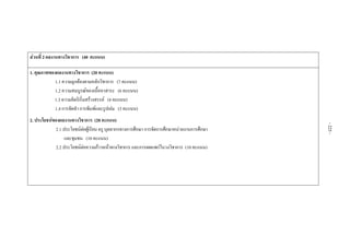 สวนที่ 2 ผลงานทางวิชาการ (40 คะแนน)
1. คุณภาพของผลงานทางวิชาการ (20 คะแนน)
1.1 ความถูกตองตามหลักวิชาการ (7 คะแนน)
1.2 ความสมบูรณของเนื้อหาสาระ (6 คะแนน)
1.3 ความคิดริเริ่มสรางสรรค (4 คะแนน)
1.4 การจัดทํา การพิมพและรูปเลม (3 คะแนน)
2. ประโยชนของผลงานทางวิชาการ (20 คะแนน)
2.1 ประโยชนตอผูเรียน ครู บุคลากรทางการศึกษา การจัดการศึกษาหนวยงานการศึกษา
และชุมชน (10 คะแนน)
2.2 ประโยชนตอความกาวหนาทางวิชาการ และการเผยแพรในวงวิชาการ (10 คะแนน)
-225-
 