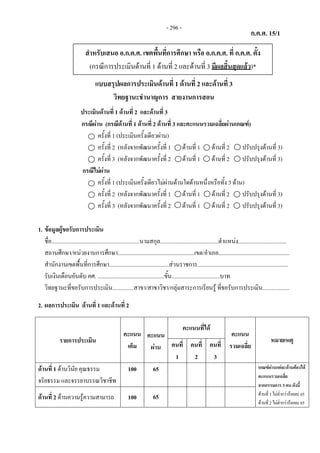 ก.ค.ศ. 15/1
แบบสรุปผลการประเมินดานที่ 1 ดานที่ 2 และดานที่ 3
แบบสรุปผลการประเมินดานที่ 1 ดานที่ 2 และดานที่ 3
วิทยฐานะชํานาญการ สายงานการสอน
ประเมินดานที่ 1 ดานที่ 2 และดานที่ 3
กรณีผาน (กรณีดานที่ 1 ดานที่ 2 ดานที่ 3 และคะแนนรวมเฉลี่ยผานเกณฑ)
ครั้งที่ 1 (ประเมินครั้งเดียวผาน)
ครั้งที่ 2 (หลังจากพัฒนาครั้งที่ 1 ดานที่ 1 ดานที่ 2 ปรับปรุงดานที่ 3)
ครั้งที่ 3 (หลังจากพัฒนาครั้งที่ 2 ดานที่ 1 ดานที่ 2 ปรับปรุงดานที่ 3)
กรณีไมผาน
ครั้งที่ 1 (ประเมินครั้งเดียวไมผานดานใดดานหนึ่งหรือทั้ง 3 ดาน)
ครั้งที่ 2 (หลังจากพัฒนาครั้งที่ 1 ดานที่ 1 ดานที่ 2 ปรับปรุงดานที่ 3)
ครั้งที่ 3 (หลังจากพัฒนาครั้งที่ 2 ดานที่ 1 ดานที่ 2 ปรับปรุงดานที่ 3)
1. ขอมูลผูขอรับการประเมิน
ชื่อ..............................................................นามสกุล.........................................ตําแหนง..................................
สถานศึกษา/หนวยงานการศึกษา......................................................เขต/อําเภอ..................................................
สํานักงานเขตพื้นที่การศึกษา..........................................สวนราชการ................................................................
รับเงินเดือนอันดับ คศ. ...............................................ขั้น..................................บาท
วิทยฐานะที่ขอรับการประเมิน...............สาขา/สาขาวิชา/กลุมสาระการเรียนรู ที่ขอรับการประเมิน...................
2. ผลการประเมิน ดานที่ 1 และดานที่ 2
รายการประเมิน
คะแนน
เต็ม
คะแนน
ผาน
คะแนนที่ได
คะแนน
รวมเฉลี่ย
หมายเหตุ
คนที่
1
คนที่
2
คนที่
3
ดานที่ 1 ดานวินัย คุณธรรม
จริยธรรม และจรรยาบรรณวิชาชีพ
100 65 เกณฑผานแตละดานตองได
คะแนนรวมเฉลี่ย
จากกรรมการ 3 คน ดังนี้
ดานที่1ไมต่ํากวารอยละ65
ดานที่2ไมต่ํากวารอยละ65
ดานที่ 2 ดานความรูความสามารถ 100 65
สําหรับเสนอ อ.ก.ค.ศ. เขตพื้นที่การศึกษา หรือ อ.ก.ค.ศ. ที่ ก.ค.ศ. ตั้ง
(กรณีการประเมินดานที่ 1 ดานที่ 2 และดานที่ 3 มีผลสิ้นสุดแลว)*
- 296 -
 