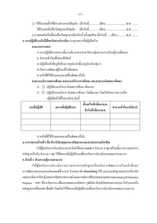 - 37 -
2.3 ไดรับแตงตั้งใหดํารงตําแหนงปจจุบัน เมื่อวันที่...............เดือน..............................พ.ศ. ......... 
ไดรับแตงตั้งเปนวิทยฐานะปจจุบัน เมื่อวันที่...............เดือน..............................พ.ศ. ......... 
2.4 เคยขอมีหรือเลื่อนเปนวิทยฐานะเดียวกันนี้ ครั้งสุดทาย เมื่อวันที่.......เดือน.............พ.ศ. ......... 
3. การปฏิบัติงานในปที่ขอรับการประเมิน (ระบุรายการที่ปฏิบัติจริง) 
สายงานการสอน 
1) การปฏิบัติการสอน (ชั้น/ระดับ สาขา/สาขาวิชา/กลุมสาระการเรียนรูตามที่สอน) 
2) จํานวนชั่วโมงที่สอน/สัปดาห
3) ปฏิบัติหนาที่ครูที่ปรึกษา/ครูประจําชั้น/ครูประจํากลุม ฯ
4) กิจกรรมพัฒนาผูเรียนที่รับผิดชอบ
5) หนาที่ที่ไดรับมอบหมายเปนพิเศษ (ถามี)
สายงานบริหารสถานศึกษา สายงานบริหารการศึกษา และสายงานนิเทศการศึกษา
1) ปฏิบัติงานบริหาร/นิเทศการศึกษา เต็มเวลา
2) ปฏิบัติงานบริหาร/นิเทศการศึกษา ไมเต็มเวลา โดยไปชวยราชการหรือ
ปฏิบัติหนาที่อื่นบางสวน ดังนี้
งานที่ปฏิบัติ สถานที่ปฏิบัติงาน
ตั้งแตวันที่/เดือน/พ.ศ.
ถึงวันที่/เดือน/พ.ศ.
จํานวนชั่วโมง/สัปดาห
3) หนาที่ที่ไดรับมอบหมายเปนพิเศษ (ถามี)
4.การรายงานดานที่ 1คือดานวินัยคุณธรรมจริยธรรมและจรรยาบรรณวิชาชีพ
(ใหผูขอรับการประเมินรายงานโดยใชแบบ ก.ค.ศ. 2 จํานวน 4 ชุด พรอมทั้งรวบรวมเอกสาร
หลักฐานอางอิง จํานวน 1 ชุด ไวที่สถานที่ปฏิบัติงานเพื่อรอรับการประเมินจากคณะกรรมการ)
5.ดานที่ 2 ดานความรูความสามารถ
(ใหผูขอรับการประเมินรวบรวมเอกสารหลักฐานเกี่ยวกับการพัฒนางานในหนาที่และ
การพัฒนาตนเองตามหลักเกณฑที่ ก.ค.ศ. กําหนด เชน ตําแหนงครู ใหรวบรวมหลักฐานเอกสารเกี่ยวกับ
แผนการจัดการเรียนรู/แผนการจัดประสบการณ/แผนการจัดการศึกษาเฉพาะบุคคล(IndividualizedEducation
Program : IEP) สื่อ/นวัตกรรม แฟมสะสมผลงานคัดสรร วุฒิบัตรเกียรติบัตรผานการอบรมใบรับรองหรือ
หลักฐานการศึกษาตอเปนตนโดยเก็บไวที่สถานที่ปฏิบัติงานเพื่อรอรับการประเมินจากคณะกรรมการ)
 