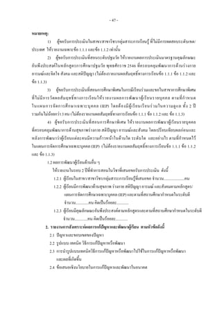 - 47 -
หมายเหตุ:
1) ผูขอรับการประเมินในสาขา/สาขาวิชา/กลุมสาระการเรียนรู ที่ไมมีการทดสอบระดับเขต/
ประเทศ ใหรายงานเฉพาะขอ 1.1.1 และขอ 1.1.2 เทานั้น
2) ผูขอรับการประเมินที่สอนระดับปฐมวัย ใหรายงานผลการประเมินมาตรฐานคุณลักษณะ
อันพึงประสงคในหลักสูตรการศึกษาปฐมวัย พุทธศักราช 2546 ที่ครอบคลุมพัฒนาการดานรางกาย
อารมณและจิตใจ สังคม และสติปญญา (ไมตองรายงานผลสัมฤทธิ์ทางการเรียนขอ 1.1.1 ขอ 1.1.2 และ
ขอ 1.1.3)
3) ผูขอรับการประเมินที่สอนการศึกษาพิเศษในกรณีเรียนรวมและขอในสาขาการศึกษาพิเศษ
ที่ไมมีการวัดผลสัมฤทธิ์ทางการเรียนใหรายงานผลการพัฒนาผูเรียนรายบุคคล ตามที่กําหนด
ในแผนการจัดการศึกษาเฉพาะบุคคล (IEP) โดยตองมีผูเรียนเรียนรวมในความดูแล ทั้ง 2 ป
รวมกันไมนอยกวา3คน (ไมตองรายงานผลสัมฤทธิ์ทางการเรียนขอ 1.1.1 ขอ 1.1.2 และ ขอ 1.1.3)
4) ผูขอรับการประเมินที่สอนการศึกษาพิเศษ ใหรายงานผลการพัฒนาผูเรียนรายบุคคล
ที่ครอบคลุมพัฒนาการดานสุขภาพรางกาย สติปญญา อารมณและสังคม โดยเปรียบเทียบผลกอนและ
หลังการพัฒนาวาผูเรียนแตละคนมีความกาวหนาในดานใด ระดับใด และอยางไร ตามที่กําหนดไว
ในแผนการจัดการศึกษาเฉพาะบุคคล (IEP) (ไมตองรายงานผลสัมฤทธิ์ทางการเรียนขอ 1.1.1 ขอ 1.1.2
และ ขอ 1.1.3)
1.2 ผลการพัฒนาผูเรียนดานอื่น ๆ
ใหรายงานในรอบ 2 ปที่ทําการสอนในวิชาที่เสนอขอรับการประเมิน ดังนี้
1.2.1 ผูเรียนในสาขา/สาขาวิชา/กลุมสาระการเรียนรูที่เสนอขอ จํานวน.....................คน
1.2.2 ผูเรียนมีการพัฒนาดานสุขภาพ รางกาย สติปญญา อารมณ และสังคมตามหลักสูตร/
แผนการจัดการศึกษาเฉพาะบุคคล (IEP)และตามที่สถานศึกษากําหนดในระดับดี
จํานวน.............คน คิดเปนรอยละ............
1.2.3 ผูเรียนมีคุณลักษณะอันพึงประสงคตามหลักสูตรและตามที่สถานศึกษากําหนดในระดับดี
จํานวน.............คน คิดเปนรอยละ............
2. รายงานการสังเคราะหผลการแกปญหาและพัฒนาผูเรียน ตามหัวขอดังนี้
2.1 ปญหาและขอบเขตของปญหา
2.2 รูปแบบ เทคนิค วิธีการแกปญหาหรือพัฒนา
2.3 การนํารูปแบบเทคนิควิธีการแกปญหาหรือพัฒนาไปใชในการแกปญหาหรือพัฒนา
และผลที่เกิดขึ้น
2.4 ขอเสนอเชิงนโยบายในการแกปญหาและพัฒนาในอนาคต
 
