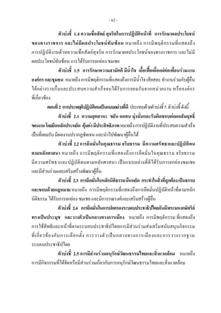 - 62 -
ตัวบงชี้ 1.4 ความซื่อสัตย สุจริตในการปฏิบัติหนาที่ การรักษาผลประโยชน
ของทางราชการ และไมมีผลประโยชนทับซอน หมายถึง การมีพฤติกรรมที่แสดงถึง
การปฏิบัติงานดวยความซื่อสัตยสุจริต การรักษาผลประโยชนของทางราชการ และไมมี
ผลประโยชนทับซอน การไดรับการยกยอง ชมเชย
ตัวบงชี้ 1.5 การรักษาความสามัคคี มีน้ําใจ เอื้อเฟอเผื่อแผตอเพื่อนรวมงาน
องคกร และชุมชน หมายถึง การมีพฤติกรรมที่แสดงถึงการมีน้ําใจ เสียสละ ทํางานรวมกับผูอื่น
ไดอยางราบรื่นและประสบความสําเร็จจนไดรับการยอมรับจากหนวยงาน หรือองคกร
ที่เกี่ยวของ
ตอนที่2 การประพฤติปฏิบัติตนเปนแบบอยางที่ดี ประกอบดวยตัวบงชี้5 ตัวบงชี้ดังนี้
ตัวบงชี้ 2.1 ความอุตสาหะ ขยัน อดทน มุงมั่นและรับผิดชอบตอผลสัมฤทธิ์
ของงานโดยยึดหลักประหยัด คุมคามีประสิทธิภาพหมายถึงการปฏิบัติงานที่ประสบความสําเร็จ
เปนที่ยอมรับมีผลงานปรากฏชัดเจน และนําไปพัฒนาผูอื่นได
ตัวบงชี้ 2.2การยึดมั่นในคุณธรรม จริยธรรม มีความศรัทธาและปฏิบัติตน
ตามหลักศาสนา หมายถึง การมีพฤติกรรมที่แสดงถึงการยึดมั่นในคุณธรรม จริยธรรม
มีความศรัทธาและปฏิบัติตนตามหลักศาสนา เปนแบบอยางที่ดีไดรับการยกยองชมเชย
และมีสวนรวมและเสริมสรางพัฒนาผูอื่น
ตัวบงชี้ 2.3 การยึดมั่นในหลักนิติธรรมยืนหยัด กระทําในสิ่งที่ถูกตองเปนธรรม
และชอบดวยกฎหมาย หมายถึง การมีพฤติกรรมที่แสดงถึงการยึดมั่นปฏิบัติหนาที่ตามหลัก
นิติธรรม ไดรับการยกยอง ชมเชย และมีการรณรงคและเสริมสรางผูอื่น
ตัวบงชี้ 2.4 การยึดมั่นในการปกครองระบอบประชาธิปไตยอันมีพระมหากษัตริย
ทรงเปนประมุข และวางตัวเปนกลางทางการเมือง หมายถึง การมีพฤติกรรม ที่แสดงถึง
การใชสิทธิและหนาที่ตามระบอบประชาธิปไตยการมีสวนรวมสงเสริมสนับสนุนกิจกรรม
ที่เกี่ยวของกับการเลือกตั้ง การวางตัวเปนกลางทางการเมืองและการวางรากฐาน
ระบอบประชาธิปไตย
ตัวบงชี้ 2.5 การมีสวนรวมอนุรักษวัฒนธรรมไทยและสิ่งแวดลอม หมายถึง
การมีกิจกรรมที่ไดจัดหรือมีสวนรวมเกี่ยวกับการอนุรักษวัฒนธรรมไทยและสิ่งแวดลอม
 