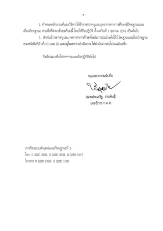 - 5 -
2. กําหนดหลักเกณฑและวิธีการใหขาราชการครูและบุคลากรทางการศึกษามีวิทยฐานะและ
เลื่อนวิทยฐานะ ตามสิ่งที่สงมาดวยพรอมนี้ โดยใหถือปฏิบัติ ตั้งแตวันที่ 1 ตุลาคม 2552 เปนตนไป
3. สําหรับขาราชการครูและบุคลากรทางการศึกษาที่ขอรับการประเมินเพื่อใหมีวิทยฐานะและเลื่อนวิทยฐานะ
ตามหนังสือที่อางถึง (1) และ (2) และอยูในระหวางดําเนินการ ใหดําเนินการตอไปจนแลวเสร็จ
จึงเรียนมาเพื่อโปรดทราบและถือปฏิบัติตอไป 
ภารกิจระบบตําแหนงและวิทยฐานะที่ 2  
โทร. 0 2280 2821, 0 2280 2831, 0 2280 1017
โทรสาร 0 2280 1029 0 2280 1095
 
 
 
 