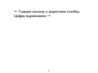 ← Главную колонку и закрепляем столбец
Цифры выравниваем →
11
 