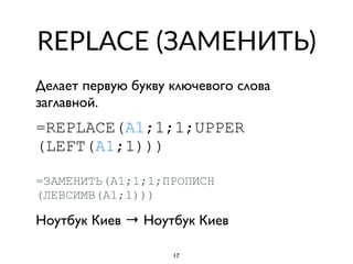 REPLACE (ЗАМЕНИТЬ)
Делает первую букву ключевого слова
заглавной.
=REPLACE(A1;1;1;UPPER
(LEFT(A1;1))) 
 
=ЗАМЕНИТЬ(A1;1;1;ПРОПИСН 
(ЛЕВСИМВ(A1;1)))
Ноутбук Киев → Ноутбук Киев
17
 