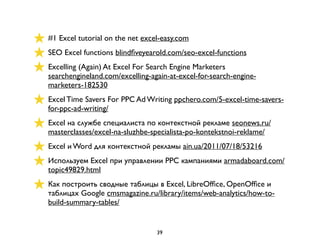 #1 Excel tutorial on the net excel-easy.com
SEO Excel functions blindﬁveyearold.com/seo-excel-functions
Excelling (Again) At Excel For Search Engine Marketers
searchengineland.com/excelling-again-at-excel-for-search-engine-
marketers-182530
Excel Time Savers For PPC Ad Writing ppchero.com/5-excel-time-savers-
for-ppc-ad-writing/
Excel на службе специалиста по контекстной рекламе seonews.ru/
masterclasses/excel-na-sluzhbe-specialista-po-kontekstnoi-reklame/
Excel и Word для контекстной рекламы ain.ua/2011/07/18/53216
Используем Excel при управлении PPC кампаниями armadaboard.com/
topic49829.html
Как построить сводные таблицы в Excel, LibreOfﬁce, OpenOfﬁce и
таблицах Google cmsmagazine.ru/library/items/web-analytics/how-to-
build-summary-tables/
39
 