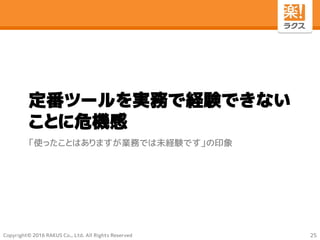 Copyright© 2016 RAKUS Co., Ltd. All Rights Reserved
定番ツールを実務で経験できない
ことに危機感
「使ったことはありますが業務では未経験です」の印象
25
 