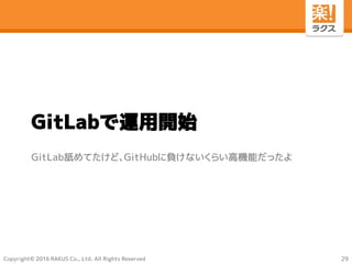 Copyright© 2016 RAKUS Co., Ltd. All Rights Reserved
GitLabで運用開始
GitLab舐めてたけど、GitHubに負けないくらい高機能だったよ
29
 