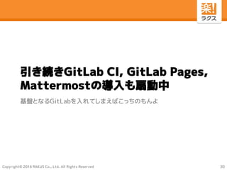 Copyright© 2016 RAKUS Co., Ltd. All Rights Reserved
引き続きGitLab CI, GitLab Pages,
Mattermostの導入も扇動中
基盤となるGitLabを入れてしまえばこっちのもんよ
30
 