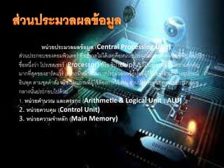 ??????????????????? (Central Processing Unit)
???????????????????????? ????????????????????????????????????? ???? ?????? ????????
???????????? ??????????? (Processor) ???? ??? (chip) ?????????????? ??????????????
????????????????????? ???????????????????????????????????????????? ??????????????????
?????? ???????????? ????????????????????????????????? ??????????????????????????
????????????????????
1. ?????????? ???????? (Arithmetic & Logical Unit : ALU)
2. ??????????? (Control Unit)
3. ??????????????? (Main Memory)
 