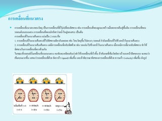 การเคลื่อนที่แนวตรง
 การเคลื่อนที่แนวตรงของวัตถุ เป็นการเคลื่อนที่ที่ไม่เปลี่ยนทิศทาง เช่น การเคลื่อนที่ของลูกมะพร้าวเมื่อตกจากต้นสู่พื้นดิน การเคลื่อนที่ของ
รถยนต์บนถนนตรง การเคลื่อนที่ของนักกีฬาว่ายน้าในลู่ของสระ เป็นต้น
การเคลื่อนที่ในแนวเส้นตรง แบ่งเป็น 2 แบบ คือ
1. การเคลื่อนที่ในแนวเส้นตรงที่ไปทิศทางเดียวกันตลอด เช่น โยนวัตถุขึ้นไปตรงๆ รถยนต์ กาลังเคลื่อนที่ไปข้างหน้าในแนวเส้นตรง
2. การเคลื่อนที่ในแนวเส้นเส้นตรง แต่มีการเคลื่อนที่กลับทิศด้วย เช่น รถแล่นไปข้างหน้าในแนวเส้นตรง เมื่อรถมีการเลี้ยวกลับทิศทาง ทาให้
ทิศทางในการเคลื่อนที่ตรงข้ามกัน
ในขณะที่รถยนต์เริ่มเคลื่อนที่บนถนนตรง คนขับจะเหยียบคันเร่งทาให้รถเคลื่อนที่เร็วขึ้น ถ้าสังเกตที่เข็มวัดอัตราเร็วบนหน้าปัดของรถ จะพบว่า
เข็มเบนมากขึ้น แสดงว่ารถเคลื่อนที่ด้วย อัตราเร็ว (speed) เพิ่มขึ้น และถ้าพิจารณาทิสของการเคลื่อนที่ด้วย ความเร็ว (velocity) เพิ่มขึ้น ดังรูป
 