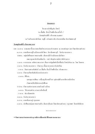 7
กาหนดการ
โครงการบาเพ็ญประโยชน์
“มร.ปั้นฝัน ปันน้าใจเพื่อน้อง ครั้งที่ 1”
วันพฤหัสบดีที่ 4 สิงหาคม ๒๕๕๙
ณ โรงเรียนธรรมิกวิทยา หมู่ที่ 1ตาบลสระพัง อาเภอเขาย้อย จังหวัดเพชรบุรี
วันพฤหัสบดีที่4 สิงหาคม2559
เวลา 06.00 น. ระดมพล ชี้แจงรายละเอียดโครงการและกาหนดการ ณ ลานพ่อขุนฯ มหาวิทยาลัยรามคาแหง
06.30 น. ออกเดินทางสู่โรงเรียนธรรมิกวิทยา จังหวัดเพชรบุรี /รับประทานอาหาร
10.00น. กลุ่มนักศึกษาเยาวชนสานฝัน เดินทางถึงโรงเรียนธรรมิกวิทยา
- คณะครูและนักเรียนต้อนรับ / กล่าววัตถุประสงค์การจัดโครงการ
11.00 น. การบรรยาย หลักการทรงงานฯ ด้านการปลูกจิตสานึกเพื่อประโยชน์ส่วนรวม โดย วิทยากร
12.00 น. รับประทานอาหาร / กิจกรรม เลี้ยงอาหารกลางวันนักเรียน
13.00 น. กิจกรรมสานสัมพันธ์ มร.ปั้นฝัน ปันน้าใจเพื่อน้อง / สันทนาการ
14.00 น. กิจกรรมกีฬาสัมพันธ์และนันทนาการ
15.00 น. พิธีการ
- มอบทุนการศึกษา เครื่องอุปโภคบริโภค อุปกรณ์ด้านการกีฬาแก่นักเรียน
- รับมอบเกียรติบัตรของนักศึกษา
15.30 น. กิจกรรมทาความสะอาดบริเวณโรงเรียน
16.00 น. โปรแกรมอาลา..สานสายใยน้องพี่
17.00 น. ประเมินผลค่าย
18.00 น. รับประทานอาหาร
18.30 น. ออกเดินทางสู่ กรุงเทพฯ
22.00 น. นักศึกษากลุ่มเยาวชนสานฝัน เดินทางถึงมหาวิทยาลัยรามคาแหง กรุงเทพฯ โดยสวัสดิภาพ
************
***กิจกรรมและกาหนดการต่างๆ อาจมีการเปลี่ยนแปลงได้ตามความเหมาะสม
 