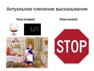 Актуальное членение высказывания
Тема (старое) Рема (новое)
 