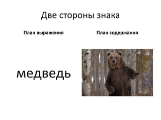 Две стороны знака
План выражения
медведь
План содержания
 