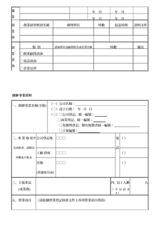 職
業
年 月 年 月
年 月 年 月
創
業
研
創業研習班別名稱 辦理單位 時數 起迄時間 證明文件
創
業
諮
詢
類 別 諮詢單位或顧問姓名或企業名稱 時數 備註
□創業顧問諮詢
□電話諮詢
□企業見習
創 事業資料辦
一、創辦事業名稱(全銜)
（一）公司名稱：____________________________________________
（二）設立日期： 年 月 日
（三）□公司登記，統一編號：
□商業登記，統一編號：
□免辦理登記，辦有稅籍者統一編號：________________
□立案編號：
二、事 業 地 址若
為承租者，請附註
坪數及月租金
公司登記地 □□□ 電
話
（ ）
工廠/倉庫 □□□ （ ）
其他
(營運地/店面)
□□□ （ ）
三、主要產品
(或業務)
四、員工人數
（ 不 包 括 本
人）
人
五、營業項目 （請依據營業登記核准文件上所列營業項目填寫)
 