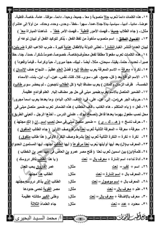 ‫البحيرى‬ ‫السـيـد‬ ‫محمد‬ /‫أ‬
12-ّ‫صائ‬ ‫اٌىٍّبد‬ ٖ‫٘ظ‬‫ر‬ ً‫ب‬ُ‫ـ‬‫ؼغة‬ً‫ال‬‫دب‬ً‫ب‬‫ِؼ‬ ( ً‫خ‬‫ِٕصٛث‬-ً‫ب‬‫جّيؼ‬-ً‫ا‬‫ٚديض‬–ً‫ب‬ّ‫صائ‬–ً‫ب‬‫ِإلز‬–ً‫خ‬ِ‫ػب‬-ً‫خ‬‫سبص‬-ً‫خ‬‫لبطج‬-
ً‫ب‬‫ػٛظ‬–ً‫ب‬‫ِبصي‬–ً‫ب‬‫أصثي‬–ً‫ب‬‫ؿيبؿي‬–ً‫ال‬‫ثض‬-ً‫ال‬‫جض‬-ً‫ا‬‫ػّض‬-ً‫ا‬ٛٙ‫ؿ‬–ً‫سطأ‬-ٜ‫ٚدض‬-ٖ‫ٚدض‬-‫ٚدضن‬-ً‫ا‬‫ػبشغ‬ ٌٝ‫ئ‬ ً‫ال‬ٚ‫أ‬ ِٓ)
:‫ِضبي‬-‫اٌطالة‬ ‫جبء‬ (‫ًب‬‫ؼ‬‫جّي‬-‫األِٛع‬ ‫فّٙذ‬ًً‫لبطجخ‬-‫األِغ‬ ‫فّٙذ‬ً‫سطأ‬-‫اٌّجبعاح‬ ‫شب٘ضٔب‬ً‫ِؼب‬)
13-‫املفعىل‬‫املطلق‬:ٚ‫أ‬ ٗ‫ٔٛػ‬ ْ‫ٌجيب‬ ٚ‫أ‬ ً‫اٌفؼ‬ ‫ٌزٛويض‬ ‫ُظوغ‬‫ي‬ , ً‫اٌفؼ‬ ‫ٌفظ‬ ِٓ ‫ِأسٛط‬ ‫ِٕصٛة‬ ُ‫اؿ‬
‫اٌغجبع‬ ‫أزشغ‬ (‫اٌؼضص‬ ْ‫ٌجيب‬ً‫ا‬‫أزشبع‬-‫ثبألطفبي‬ ‫اٌضٌٚخ‬ ٕٝ‫رؼز‬‫ػٕبيخ‬‫ًوجيغح‬-‫اٌىغ‬ ‫اٌالػت‬ ‫ظغة‬‫ح‬ٓ‫ظغثزي‬)
14-ٛ‫ِفؼ‬ ‫رؼغة‬ ‫اٌىٍّبد‬ ٖ‫٘ظ‬(‫ِذظٚف‬ ً‫ٌفؼ‬ ً‫ب‬‫ِطٍم‬ ً‫ال‬ً‫خ‬‫سبص‬-ً‫ب‬‫سصٛص‬-ً‫ب‬ِّٛ‫ػ‬-ً‫ا‬‫شىغ‬-ً‫ا‬‫دّض‬-‫جضا‬-ً‫ب‬‫دم‬
ً‫ا‬‫صجغ‬-ً‫ا‬‫رذضيض‬-ً‫ب‬ّ‫دز‬-ً‫ب‬ٕ‫يمي‬-ْ‫ؿجذب‬-ً‫ال‬‫ِض‬-ً‫ب‬‫أيع‬-‫ٌجيه‬-ً‫ا‬‫ِجغٚع‬ ً‫ب‬‫دج‬-‫ٚوغاِخ‬ ً‫ب‬‫دج‬-ً‫ا‬‫ٚلؼٛص‬ ً‫ب‬ِ‫ليب‬)
15-+ ‫ٔىغح‬‫ِؼغفخ‬‫يؼغة‬ ‫اٌّؼغفخ‬ ُ‫االؿ‬ =‫ِعبفب‬ٗ‫ئٌي‬(ًُ‫فع‬ٍُ‫اٌؼ‬ٌُ‫ػظي‬–‫٘ضف‬ ‫إٌجبح‬ْ‫اإلٔـب‬)
16-ً‫و‬ ( ‫ثؼض‬ ‫اٌٛالغ‬ ُ‫االؿ‬-‫جّيغ‬-‫غيغ‬-ٜٛ‫ؿ‬-‫وال‬-‫وٍزب‬-‫ٔفؾ‬-ٓ‫ػي‬-ٜ‫أ‬-ٓ‫اث‬-‫ثٕذ‬-‫األ‬‫ؿّبء‬
‫اٌشّـخ‬-ْ‫اٌؼِب‬ ‫ظغف‬ٚ‫اٌّى‬ٗ‫ئٌي‬ ‫ِعبفب‬ ‫يؼغة‬ ) ْ‫ب‬ً‫و‬ (‫اٌطالة‬ْٛ‫ٔبجذ‬-ٜٛ‫ؿ‬ ‫يذعغ‬ ٌٍُ‫ت‬ٌ‫طب‬)
17-‫ف‬ ٕٝ‫ِج‬ ‫ظّيغ‬ ‫يؼغة‬ ُ‫ثبالؿ‬ ً‫اٌّزص‬ ‫اٌعّيغ‬ِ ‫جغ‬ ً‫د‬ ٝ.ٗ‫ئٌي‬ ‫عبف‬‫فٛائض‬ ٍُ‫اٌؼ‬ٖ.‫ػظيّخ‬
18-‫دغٚف‬ِٓ(ٝ٘ ‫اٌجغ‬-ٌٝ‫ئ‬-ٓ‫ػ‬-ٍٝ‫ػ‬-ٝ‫ف‬-‫اٌىبف‬-َ‫اٌال‬-‫اٌجبء‬ً‫اؿّب‬ ‫يؼغة‬ ‫ثؼض٘ب‬ ‫ِٚب‬ )ً‫ا‬‫ِجغٚع‬
19-ً‫فؼ‬ٍُ‫اٌّزى‬ ‫يبء‬ ( +-‫اٌغبئت‬ ‫٘بء‬-ٕٝ‫ِج‬ ً‫ِزص‬ ‫ظّيغ‬ ‫رؼغة‬ ‫اٌعّبئغ‬ ٖ‫٘ظ‬ ) ‫اٌشطبة‬ ‫وبف‬ٝ‫ف‬
ٙ‫ث‬ ‫ِفؼٛي‬ ‫ٔصت‬ ً‫ِذ‬ً‫فبػ‬ ‫ثؼض٘ب‬ ‫ِٛب‬(‫ٔصذ‬‫ه‬‫أث‬‫ٛن‬-ٍّٕ‫ػ‬ٝ‫اٌضعؽ‬-‫أسظ‬ً٘‫اٌغج‬ ‫ب‬-ٕ‫أرؼج‬ٝ‫اٌطغيك‬)
21-+ ‫ٔبؿز‬ ‫دغف‬‫٘ـ‬ (–‫ن‬–) ًٜ‫ِذ‬ ٝ‫ف‬ ٕٝ‫ِج‬ ً‫ِزص‬ ‫ظّيغ‬ =‫ٔصت‬ُ‫اؿ‬...ْ‫ئ‬ٔ‫ئ‬ (‫ه‬) ُ‫ض‬ٙ‫ِجز‬
21-‫ُؼغة‬‫ر‬ ‫اٌضبٔيخ‬ ‫اٌّؼغفخ‬ = ‫ِؼغفخ‬ +‫ِؼغفخ‬ً‫ب‬‫ٔؼز‬‫ث‬ٌٝٚ‫األ‬ ‫ٚصف‬ ‫شغغ‬(‫اٌطبٌت‬ ‫جبء‬‫اٌّزفٛق‬)
22-ُ‫ر‬ ‫اٌضبٔيخ‬ ‫إٌىغح‬ = ‫ٔىغح‬ + ‫ٔىغح‬‫ؼغة‬ً‫ب‬‫ٔؼز‬‫ٚص‬ ‫ثشغغ‬ٌٝٚ‫األ‬ ‫إٌىغح‬ ‫ف‬(‫طبٌت‬ ‫٘ظا‬‫ِزفٛق‬)
23-‫أيٙب‬ ‫ثؼض‬ )‫ة(اي‬ ‫اٌّؼغف‬‫ُؼغة‬‫ي‬ ‫أٚأيزٙب‬ً‫ب‬‫ِغفٛػ‬ ً‫ب‬‫ٔؼز‬(‫أيٙب‬‫اٌطبٌت‬‫اجزٙض‬-)‫ارذضٚا‬ ٍّْٛ‫اٌّـ‬ ‫أيٙب‬
24-ٓ‫اؿّي‬ ٓ‫ثي‬ )ٓ‫وٍّخ(اث‬‫ٔؼزب‬ ‫ُؼغة‬‫ر‬ٚ‫ػّغ‬ ‫ِصغ‬ ‫فزخ‬ (ٓ‫ث‬‫ػّغ‬ ‫ػٙض‬ ٝ‫ف‬ ‫اٌؼبص‬ٓ‫ث‬) ‫اٌشطبة‬
25-‫ئشب‬ ُ‫اؿ‬ +‫ٔضاء‬ ‫أصاح‬+ ‫عح‬‫ثبي‬ ‫ِؼغف‬=‫ٔؼذ‬(‫٘ظا‬ ‫يب‬‫اٌطبٌت‬‫طاوغ‬‫ص‬‫عٚؿه‬)
26-+ ُ‫اؿ‬‫ٌمت‬=‫ٔؼذ‬:‫ِضبي‬‫ػّغ‬‫اٌفبعٚق‬‫اٌؼضي‬ ‫يذت‬
27-+ ‫ثبي‬ ‫اٌّؼغف‬‫ئشبعح‬ ُ‫اؿ‬=‫ٔؼذ‬:‫ِضبي‬‫اٌطبٌت‬‫٘ظا‬‫ِجزٙض‬
28-+ ‫ثبي‬ ‫اٌّؼغف‬‫ِٛصٛي‬ ُ‫اؿ‬=‫ٔؼذ‬:‫ِضبي‬‫اٌطبٌت‬ٜ‫اٌظ‬‫ِجزٙض‬ ٗ‫صعٚؿ‬ ‫يظاوغ‬
29-+ ٍُ‫ػ‬‫ثبي‬ ‫ِؼغف‬=‫ٔؼذ‬:‫ِضبي‬‫ِصغ‬‫اٌمٛيخ‬‫دضٚص٘ب‬ ّٝ‫رذ‬
31-+ ‫ثبإلظبفخ‬ ‫ِؼغف‬‫ثبي‬ ‫ِؼغف‬=‫ٔؼذ‬:‫ِضبي‬ٕٝ‫ٚط‬‫اٌىجيغ‬ٔ‫ِىب‬‫ػظيّخ‬ ٗ‫ز‬
31-+ ‫ِؼضٚص‬‫ػضص‬=‫ٔؼذ‬:‫ِضبي‬ُ‫ء‬‫اٌؼٍّب‬ ‫جبء‬ًُ‫خ‬‫اٌضالص‬
 