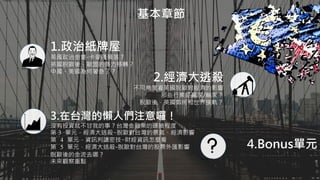 1.政治紙牌屋
英國政治金童-卡麥隆殞落？
英國脫歐後，歐盟的勢力移轉？
中國、美國為何著急了？
2.經濟大逃殺
不同角度看英國脫歐對經濟的影響
那些行業是贏家/輸家？
脫歐後，英國如何和世界接軌？
3.在台灣的懶人們注意囉！
沒有投資就不甘我的事？台灣金融業的曝險程度
第 3 單元，經濟大逃殺-脫歐對台灣的景氣、經濟影響
第 4 單元，資訊判讀密技-財經資訊怎麼看
第 5 單元，經濟大逃殺-脫歐對台灣的股票外匯影響
脫歐後的金流去哪？
未來觀察重點
基本章節
4.Bonus單元
Aaron可以示範畫出英國脫歐金流的流向嗎？不必想詳細解釋，只需要簡單說明即可。
 