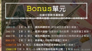 50分享 【第 3 單元，經濟大逃殺-脫歐對台灣的景氣、經濟影響】解
鎖！
100分享 【第 4 單元，資訊判讀密技-財經資訊怎麼看】解鎖！
200分享 【第 5 單元，經濟大逃殺-脫歐對台灣的股票、外匯影響】解鎖！
400分享 【第 6 單元，資訊判讀密技-如何挑選對自己有用的資訊】解鎖！
800分享 【第 7 單元，時事懶人包的製作過程】解鎖！
1200分享【第 8 單元，五個超實用的經濟學網站分析】解鎖！
1500分享【第 9 單元，1-8單元完整在粉絲頁公開！】解鎖！
Bonus單元
--依據分享數多寡解鎖
製作者： 懶人經濟學
 