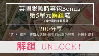 200分享
【第 5 單元，經濟大逃殺-脫歐對台灣的股票、外匯影響】
英國脫歐時事包Bonus
第5單元解鎖囉
--依據分享數多寡解鎖
製作者： 懶人經濟學
解鎖 UNLOCK!
 