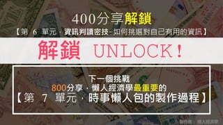 400分享解鎖
【第 6 單元，資訊判讀密技-如何挑選對自己有用的資訊】
下一個挑戰
800分享，懶人經濟學最重要的
【第 7 單元，時事懶人包的製作過程】
製作者： 懶人經濟學
解鎖 UNLOCK!
 