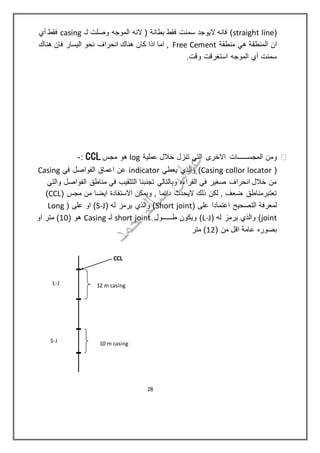 (straight line‫بطانة‬ ‫فقط‬ ‫سمنت‬ ‫اليوجد‬ ‫فانه‬ )‫لـ‬ ‫وصلت‬ ‫الموجه‬ ‫النه‬ (casing‫أي‬ ‫فقط‬
‫منطقة‬ ‫هي‬ ‫المنطقة‬ ‫ان‬Free Cement‫هناك‬ ‫فان‬ ‫اليسار‬ ‫نحو‬ ‫انحراف‬ ‫هناك‬ ‫كان‬ ‫اذا‬ ‫اما‬ ,
.‫وقت‬ ‫استغرقت‬ ‫الموجه‬ ‫أي‬ ‫سمنت‬
‫المجس‬ ‫ومن‬‫ــــــ‬‫عملية‬ ‫خالل‬ ‫تنزل‬ ‫التي‬ ‫االخرى‬ ‫ات‬log‫مجس‬ ‫هو‬CCL:-
(Casing collor locator)‫يعطي‬ ‫والذي‬indicator‫في‬ ‫الفواصل‬ ‫اعماق‬ ‫عن‬Casing
‫والتي‬ ‫الفواصل‬ ‫مناطق‬ ‫في‬ ‫التثقيب‬ ‫تجنبنا‬ ‫وبالتالي‬ ‫القراءه‬ ‫في‬ ‫صغير‬ ‫انحراف‬ ‫خالل‬ ‫من‬
( ‫مجس‬ ‫من‬ ‫ايضا‬ ‫االستفادة‬ ‫ويمكن‬ , ‫دائما‬ ‫اليحدث‬ ‫ذلك‬ ‫لكن‬ , ‫ضعف‬ ‫تعتبرمناطق‬CCL)
( ‫على‬ ‫اعتمادا‬ ‫التصحيح‬ ‫لمعرفة‬Short joint‫له‬ ‫يرمز‬ ‫والذي‬ )(S-J( ‫على‬ ‫او‬ )Long
joint( ‫له‬ ‫يرمز‬ ‫والذي‬ )L-J‫ط‬ ‫ويكون‬ )‫ــــــ‬‫ول‬short joint‫لـ‬Casing( ‫هو‬10‫او‬ ‫متر‬ )
( ‫من‬ ‫اقل‬ ‫عامة‬ ‫بصوره‬12‫متر‬ )
12 m casing
10 m casing
L-J
S-J
CCL
28
 