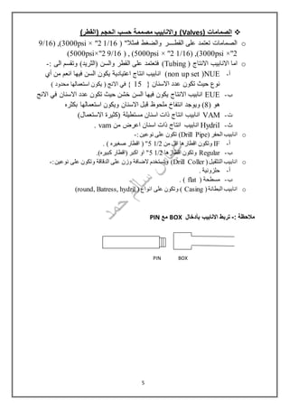 ( ‫الصمامات‬Valves)‫(القطر‬ ‫الحجم‬ ‫حسب‬ ‫مصممة‬ ‫واالنابيب‬ )
o( "‫فمثال‬ ‫والضغط‬ ‫القطــــر‬ ‫على‬ ‫تعتمد‬ ‫الصمامات‬16/12× "3000psi( ,)16/9
2×"3000psi( ,)16/12× "5000psi( , )16/92×"5000psi)
o‫االنتاج‬ ‫االنابيب‬ ‫اما‬(Tubing)‫(الثريد‬ ‫والسن‬ ‫القطر‬ ‫على‬ ‫فتعتمد‬(: ‫الى‬ ‫وتقسم‬-
‫أ‬-NUE(non up set‫أي‬ ‫من‬ ‫انعم‬ ‫فيها‬ ‫السن‬ ‫يكون‬ ‫اعتيادية‬ ‫انتاج‬ ‫انابيب‬ )
‫االسنان‬ ‫عدد‬ ‫تكون‬ ‫حيث‬ ‫نوع‬}15{‫االنج‬ ‫في‬) ‫محدود‬ ‫استعمالها‬ ‫يكون‬ (
‫ب‬-EUE‫االنج‬ ‫في‬ ‫االسنان‬ ‫عدد‬ ‫تكون‬ ‫حيث‬ ‫خشن‬ ‫السن‬ ‫فيها‬ ‫يكون‬ ‫االنتاج‬ ‫انابيب‬
( ‫هو‬8)‫بكثره‬ ‫استعمالها‬ ‫ويكون‬ ‫االسنان‬ ‫قبل‬ ‫ملحوظ‬ ‫انتفاخ‬ ‫ويوجد‬
‫ت‬-VAM)‫االستعمال‬ ‫(كثيرة‬ ‫مستطيلة‬ ‫اسنان‬ ‫ذات‬ ‫انتاج‬ ‫انابيب‬
‫ث‬-Hydril‫من‬ ‫اعرض‬ ‫اسنان‬ ‫ذات‬ ‫انتاج‬ ‫انابيب‬vam.
o‫انابي‬( ‫الحفر‬ ‫ب‬Drill Pipe:‫نوعين‬ ‫على‬ ‫تكون‬ )-
‫أ‬-IF‫من‬ ‫اقل‬ ‫اقطارها‬ ‫وتكون‬2/15‫صغيره‬ ‫اقطار‬ ( "(.
‫ب‬-Regular‫اقطارها‬ ‫وتكون‬2/15.)‫كبيره‬ ‫(اقطار‬ ‫اكبر‬ ‫او‬ "
o(‫التثقيل‬ ‫انابيب‬Drill Coller:‫نوعين‬ ‫على‬ ‫وتكون‬ ‫الدقاقة‬ ‫على‬ ‫وزن‬ ‫الضافة‬ ‫وتستخدم‬ )-
‫أ‬-. ‫حلزونية‬
‫ب‬-( ‫مسطحة‬flat. )
o(‫البطانة‬ ‫انابيب‬Casing( ‫انواع‬ ‫على‬ ‫وتكون‬ )round, Batress, hydril)
: ‫مالحظة‬-‫بأدخال‬ ‫االنابيب‬ ‫تربط‬BOX‫مع‬PIN
BOXPIN
5
 