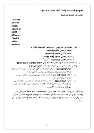 ‫الميالد‬ ‫(شجرة‬ ‫البئر‬ ‫راس‬ ‫شجرة‬ ‫أنواع‬X- Mass Tree:)-
‫تتحمله‬ ‫الذي‬ ‫الضغط‬ ‫على‬ ‫وتعتمد‬
1 Canada
2 Breda
3 WKM
4 Camiron
5 OCT
6 Mcevoy
7 Crylok
8 China
9 Roman
o: ‫التالية‬ ‫الصمامات‬ ‫من‬ ‫رئيسية‬ ‫بصورة‬ ‫البئر‬ ‫راس‬‫شجرة‬ ‫تتكون‬-
1.‫الرئيسي‬ ‫الصمام‬Master valve
2.‫الثانوي‬ ‫الصمام‬Secondery valve
3.‫الجانبي‬ ‫الصمام‬Side or Wing valve
4.‫العلوي‬ ‫الصمام‬Top valve
o‫االستصال‬ ‫عمليات‬ ‫عند‬( ‫االنفجار‬ ‫مانعات‬ ‫تستخدم‬ ‫ح‬B.O.PBlowout preventer)
: ‫من‬ ‫وتتكون‬ ‫البئر‬ ‫على‬ ‫للسيطرة‬ ‫البئر‬ ‫راس‬ ‫شجرة‬ ‫رفع‬ ‫بعد‬ ‫وتنصب‬-
‫أ‬-‫ال‬( ‫بوابية‬pipe ram: )-‫لتامين‬ ‫االنتاج‬ ‫او‬ ‫الحفر‬ ‫انابيب‬ ‫على‬ ‫تنطبق‬ ‫التي‬ ‫البوابية‬ ‫وهي‬
‫النازل‬ ‫االنابيب‬ ‫اقطار‬ ‫مع‬‫تتناسب‬ ‫احجام‬ ‫ولها‬ ‫للبئر‬ ‫الحلقي‬ ‫الفراغ‬‫ة‬.
‫ب‬-( ‫الحلقية‬hydrill: )-‫مع‬ ‫تعمل‬ ‫وفائدتها‬ ‫البوابية‬ ‫فوق‬ ‫التي‬ ‫العلوية‬ ‫المانعات‬ ‫وهي‬
‫البئر‬ ‫على‬ ‫للسيطرة‬ ‫البوابية‬
‫ت‬-( ‫العمياء‬blindram: )-‫لتامين‬ ‫وفائدتها‬‫البوابية‬ ‫تحت‬ ‫التي‬ ‫السفلية‬ ‫المانعات‬ ‫وهي‬
‫االستصال‬ ‫عمليات‬ ‫في‬ ‫تستخدم‬ ‫ما‬ ‫وغالبا‬ "‫كامال‬‫االنابيب‬ ‫سحب‬ ‫حالة‬ ‫في‬ ‫البئر‬‫للضرر‬ ‫ ح‬
. ‫االنابيب‬ ‫وانعواج‬ ‫بقطع‬ ‫تلحقه‬ ‫التي‬
( ‫على‬ ‫السيطرة‬ ‫يتم‬B.O.P)( ‫يسمى‬ ‫جهاز‬ ‫خالل‬ ‫من‬Koomy‫على‬ ‫هيدروليكي‬ ‫ضغط‬ ‫يسلط‬ ‫حيث‬ )
(rams( ‫ماعدا‬ ‫كلها‬ ‫الفتحة‬ ‫وغلق‬ ‫بعضها‬ ‫من‬ ‫اقترابها‬ ‫الى‬ ‫ويؤدي‬ )pob joint‫قصيره‬ ‫انبوب‬ ‫وصلة‬ )
( ‫االمان‬ ‫صمام‬ ‫اعالها‬ ‫في‬ ‫توضع‬safty valve( ‫بــ‬ ‫الوصلة‬ ‫وتربط‬ )Donate‫مغلق‬ ‫البئر‬ ‫يصبح‬ ‫مما‬ )
.‫نهائيا‬
6
 