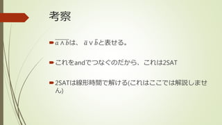 考察
𝑎 ∧ 𝑏は、 𝑎 ∨ 𝑏と表せる。
これをandでつなぐのだから、これは2SAT
2SATは線形時間で解ける(これはここでは解説しませ
ん)
 