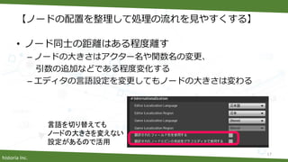 historia Inc.
【ノードの配置を整理して処理の流れを見やすくする】
• ノード同士の距離はある程度離す
– ノードの大きさはアクター名や関数名の変更、
引数の追加などである程度変化する
– エディタの言語設定を変更してもノードの大きさは変わる
17
言語を切り替えても
ノードの大きさを変えない
設定があるので活用
 