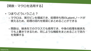 historia Inc.
【関数・マクロを活用する】
• つまりどういうこと？
– マクロは、実行ピンを増減でき、処理待ち用のLatentノードが
使えるため、処理の流れを簡潔にまとめることができる
– 関数は、継承先でのクラスでも使用でき、中身の処理を継承先
でも上書きできるため、同じような機能をまとめることで効力
を発揮する
48
 