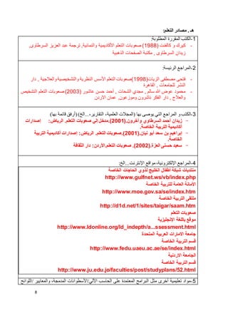 8
‫التعلم‬ ‫مصادر‬ . ‫هـ‬:
1-‫المطلوبة‬ ‫المقررة‬ ‫الكتب‬:
-( ‫كالفنت‬ ‫و‬ ‫كيرك‬1822‫العزيز‬ ‫عبد‬ ‫ترجمة‬ ,‫والنمائية‬ ‫األكاديمية‬ ‫التعلم‬ ‫صعوبات‬ ),‫السرطاوى‬
‫الذهبية‬ ‫الصفحات‬ ‫مكتبة‬ , ‫السرطاوى‬ ‫زيدان‬
2-‫الرئيسة‬ ‫المراجع‬:
-(‫الزيات‬ ‫مصطفى‬ ‫فتحى‬1882‫دار‬ , ‫والعالجية‬‫والتشخيصية‬ ‫النظرية‬ ‫األسس‬ ‫التعلم‬ ‫)صعوبات‬
‫القاهرة‬ , ‫للجامعات‬ ‫النشر‬
-( ‫عاشور‬ ‫حسن‬ ‫أحمد‬ , ‫الشحات‬ ‫مجدي‬ , ‫سالم‬ ‫هللا‬ ‫عوض‬ ‫محمود‬2001‫التشخيص‬ ‫التعلم‬ ‫صعوبات‬ )
‫االردن‬ ‫عمان‬ ,‫وموزعون‬ ‫ناشرون‬ ‫الفكر‬ ‫دار‬ , ‫والعالج‬
1-‫المراجع‬ ‫و‬‫الكتب‬‫العلمية‬ ‫(المجالت‬ ‫بها‬ ‫يوصى‬ ‫التي‬)‫بها‬ ‫قائمة‬ ‫(أرفق‬)‫التقارير،...الخ‬ ،
-(.‫وآخرون‬ ‫السرطاوي‬ ‫أحمد‬ ‫زيدان‬1002‫إصدارات‬ :‫الرياض‬ .‫التعلم‬ ‫صعوبات‬ ‫إلي‬ ‫).مدخل‬
.‫الخاصة‬ ‫التربية‬ ‫أكاديمية‬
-‫بن‬ ‫إبراهيم‬(.‫نيان‬ ‫أبو‬ ‫سعد‬1002‫التربية‬ ‫أكاديمية‬ ‫إصدارات‬ :‫الرياض‬ .‫التعلم‬ ‫).صعوبات‬
.‫الخاصة‬
-(.‫العزة‬ ‫حسنى‬ ‫سعيد‬1001‫الثقافة‬ ‫دار‬ :‫التعلم.األردن‬ ‫صعوبات‬ .)
4-‫مو‬،‫اإللكترونية‬ ‫المراجع‬‫اإلنترنت...الخ‬ ‫اقع‬:
‫الحاجات‬ ‫لذوي‬ ‫الخليج‬ ‫أطفال‬ ‫شبكة‬ ‫منتديات‬‫الخاصة‬
http://www.gulfnet.ws/vb/index.php
‫الخاصة‬ ‫للتربية‬ ‫العامة‬ ‫األمانة‬
http://www.moe.gov.sa/se/index.htm
‫الخاصة‬ ‫التربية‬ ‫ملتقى‬
http://d1d.net/1/sites/taigar/saam.htm
‫التعلم‬ ‫صعوبات‬
‫اإلنجليزية‬ ‫باللغة‬ ‫موقع‬
http://www.ldonline.org/ld_indepth/a...ssessment.html
‫المتحدة‬ ‫العربية‬ ‫االمارات‬ ‫جامعة‬
‫الخاصة‬ ‫التربية‬ ‫قسم‬
http://www.fedu.uaeu.ac.ae/se/index.html
‫االردنية‬ ‫الجامعة‬
‫الخاصة‬ ‫التربية‬ ‫قسم‬
http://www.ju.edu.jo/faculties/post/studyplans/52.html
5-‫/اللوائح‬ ‫والمعايير‬ ،‫المدمجة‬ ‫اآللي/األسطوانات‬ ‫الحاسب‬ ‫على‬ ‫المعتمدة‬ ‫البرامج‬ ‫مثل‬ ‫أخرى‬ ‫تعليمية‬ ‫مواد‬
 