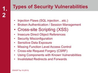 Types of Security Vulnerabilities
1.
2
• Injection Flaws (SQL injection…etc.)
• Broken Authentication / Session Management...