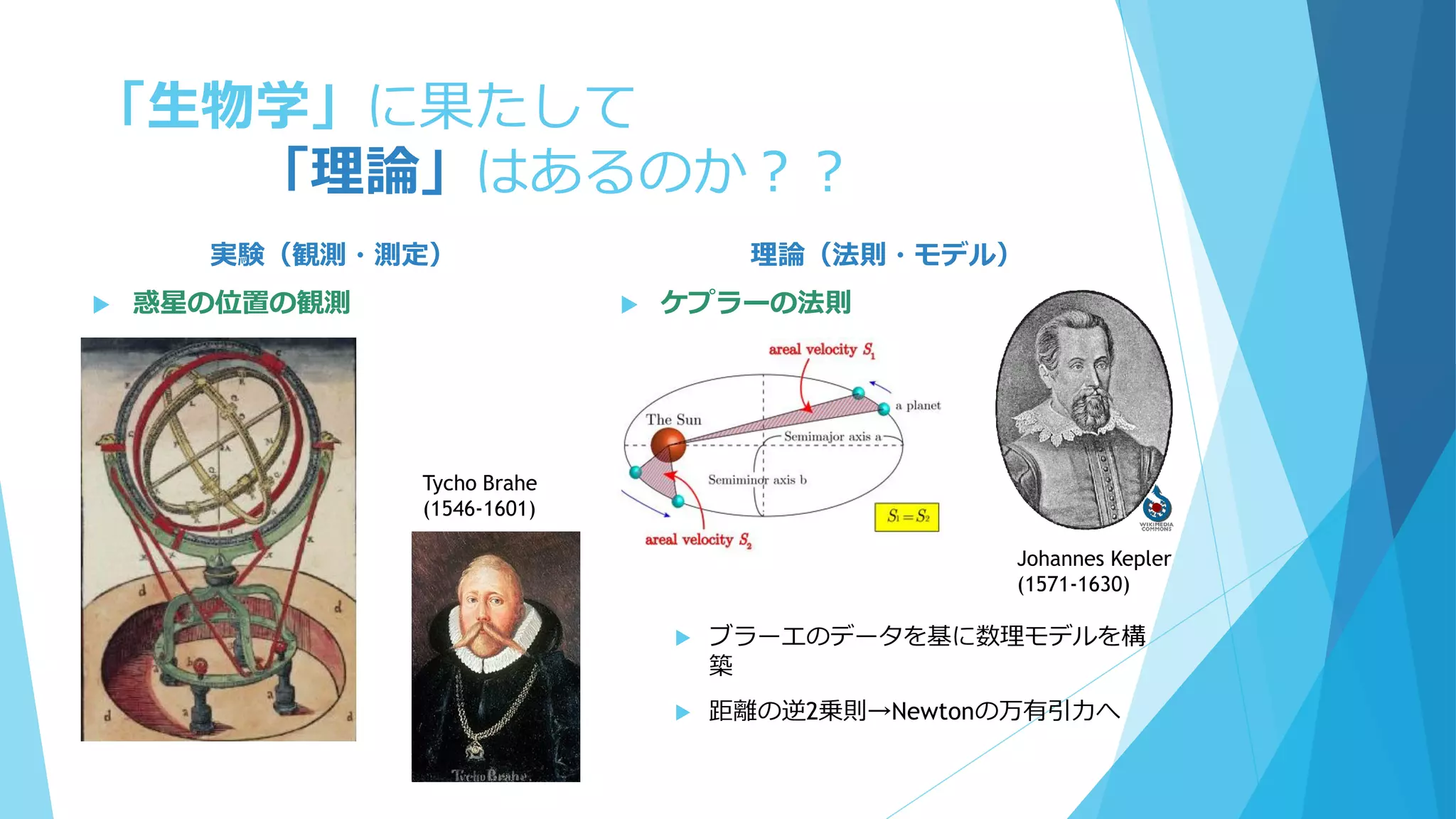 「生物学」に果たして
「理論」はあるのか？？
実験（観測・測定）
 惑星の位置の観測
理論（法則・モデル）
 ケプラーの法則
 ブラーエのデータを基に数理モデルを構
築
 距離の逆2乗則→Newtonの万有引力へ
Tycho Brahe
(1546-1601)
Johannes Kepler
(1571-1630)
 