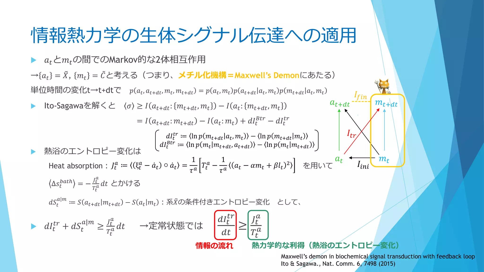 情報熱力学の生体シグナル伝達への適用
 𝑎 𝑡と𝑚 𝑡の間でのMarkov的な2体相互作用
→ 𝑎 𝑡 = 𝑋, 𝑚 𝑡 = 𝐶と考える（つまり、メチル化機構＝Maxwell’s Demonにあたる）
単位時間の変化t→t+dtで 𝑝 𝑎 𝑡, 𝑎 𝑡+𝑑𝑡, 𝑚 𝑡, 𝑚 𝑡+𝑑𝑡 = 𝑝 𝑎 𝑡, 𝑚 𝑡 𝑝 𝑎 𝑡+𝑑𝑡 𝑎 𝑡, 𝑚 𝑡 𝑝 𝑚 𝑡+𝑑𝑡 𝑎 𝑡, 𝑚 𝑡
 Ito-Sagawaを解くと 𝜎 ≥ 𝐼 𝑎 𝑡+𝑑𝑡: 𝑚 𝑡+𝑑𝑡, 𝑚 𝑡 − 𝐼 𝑎 𝑡: 𝑚 𝑡+𝑑𝑡, 𝑚 𝑡
= 𝐼 𝑎 𝑡+𝑑𝑡: 𝑚 𝑡+𝑑𝑡 − 𝐼 𝑎 𝑡: 𝑚 𝑡 + 𝑑𝐼𝑡
𝐵𝑡𝑟
− 𝑑𝐼𝑡
𝑡𝑟
 熱浴のエントロピー変化は
Heat absorption： を用いて
∆𝑠𝑡
𝑏𝑎𝑡ℎ
= −
𝐽𝑡
𝑎
𝑇𝑡
𝑎 𝑑𝑡 とかける
𝑑𝑆𝑡
𝑎|𝑚
≔ 𝑆 𝑎 𝑡+𝑑𝑡 𝑚 𝑡+𝑑𝑡 − 𝑆 𝑎 𝑡 𝑚 𝑡 ：系 𝑋の条件付きエントロピー変化 として、
 𝑑𝐼𝑡
𝑡𝑟
+ 𝑑𝑆𝑡
𝑎|𝑚
≥
𝐽𝑡
𝑎
𝑇𝑡
𝑎 𝑑𝑡 →定常状態では
𝑑𝐼𝑡
𝑡𝑟
𝑑𝑡
≥
𝐽𝑡
𝑎
𝑇𝑡
𝑎
𝑎 𝑡+𝑑𝑡
𝑎 𝑡
𝑚 𝑡+𝑑𝑡
𝑚 𝑡
𝐼𝑖𝑛𝑖
𝐼𝑡𝑟
𝐼𝑓𝑖𝑛
𝑑𝐼𝑡
𝑡𝑟
≔ ln 𝑝 𝑚 𝑡+𝑑𝑡 𝑎 𝑡, 𝑚 𝑡 − ln 𝑝 𝑚 𝑡+𝑑𝑡 𝑚 𝑡
𝑑𝐼𝑡
𝐵𝑡𝑟
≔ ln 𝑝 𝑚 𝑡 𝑚 𝑡+𝑑𝑡, 𝑎 𝑡+𝑑𝑡 − ln 𝑝 𝑚 𝑡 𝑚 𝑡+𝑑𝑡
𝐽𝑡
𝑎
≔ ξ 𝑡
𝑎
− 𝑎 𝑡 ○ 𝑎 𝑡 =
1
𝜏 𝑎 𝑇𝑡
𝑎
−
1
𝜏 𝑎 𝑎 𝑡 − 𝛼𝑚 𝑡 + 𝛽𝑙 𝑡
2
情報の流れ 熱力学的な利得（熱浴のエントロピー変化）
Maxwell’s demon in biochemical signal transduction with feedback loop
Ito & Sagawa., Nat. Comm. 6, 7498 (2015)
 