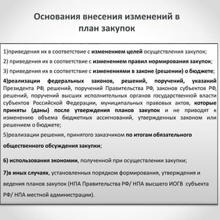 1)приведения их в соответствие с изменением целей осуществления закупок;
2) приведения их в соответствие с изменением правил нормирования закупок;
3) приведения их в соответствие с изменениями в законе (решении) о бюджете;
4)реализации федеральных законов, решений, поручений, указаний
Президента РФ, решений, поручений Правительства РФ, законов субъектов РФ,
решений, поручений высших исполнительных органов государственной власти
субъектов Российской Федерации, муниципальных правовых актов, которые
приняты (даны) после утверждения планов закупок и не приводят к
изменению объема бюджетных ассигнований, утвержденных законом или
решением о бюджете;
5)реализации решения, принятого заказчиком по итогамобязательного
общественного обсуждения закупки;
6) использования экономии, полученной при осуществлении закупки;
7)в иных случаях, установленных порядком формирования, утверждения и
ведения планов закупок (НПА Правительства РФ/ НПА высшего ИОГВ субъекта
РФ/ НПА местной администрации).
Основания внесения изменений в
план закупок
 