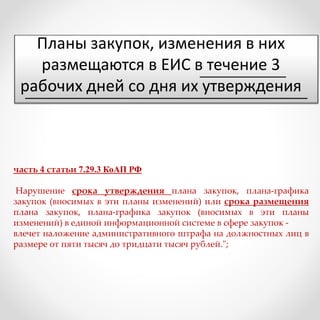 Планы закупок, изменения в них
размещаются в ЕИС в течение 3
рабочих дней со дня их утверждения
часть 4 статьи 7.29.3 КоАП РФ
Нарушение срока утверждения плана закупок, плана-графика
закупок (вносимых в эти планы изменений) или срока размещения
плана закупок, плана-графика закупок (вносимых в эти планы
изменений) в единой информационной системе в сфере закупок -
влечет наложение административного штрафа на должностных лиц в
размере от пяти тысяч до тридцати тысяч рублей.";
 