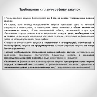 Планы-графики закупок формируются на 1 год на основе утвержденных планов
закупок;
в случае, если период осуществления закупки превышает срок, на который
утверждается план-график, в план-график также включаются общее количество
поставляемого товара, объем выполняемой работы, оказываемой услуги для
обеспечения государственных или муниципальных нужд и сумма, необходимая для
их оплаты, на весь срок исполнения контракта по годам, следующим за финансовым
годом, на который утвержден план-график;
заказчики осуществляют закупки в соответствии с информацией, включенной в
планы-графики; закупки, не предусмотренные планом-графиком закупок, не могут
быть осуществлены;
вопрос необходимости согласования планов-графиков закупок государственных
заказчиков, являющихся получателями бюджетных средств, с главными
распорядителями средств бюджета, в ведении которых они находятся;
особенности формирования планов-графиков закупок при централизации закупок
(порядок взаимодействия заказчика с уполномоченным органом определяется
решением о создании уполномоченного органа/ о наделении его полномочиями).
Требования к плану-графику закупок
 