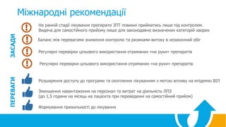 Міжнародні рекомендації
На ранній стадії лікування препарати ЗПТ повинні прийматись лише під контролем.
Видача для самостійного прийому лише для законодавчо визначених категорій хворих
Баланс між перевагами зниження контролю та ризиками витоку в незаконний обіг
Регулярні перевірки цільового використання отриманих «на руки» препаратів
Розширення доступу до програми та охоплення лікуванням з метою впливу на епідемію ВІЛ
Зменшення навантаження на персонал та витрат на діяльність ЛПЗ
(до 1,5 години на місяць на пацієнта при переведенні на самостійний прийом)
Формування прихильності до лікування
ЗАСАДИПЕРЕВАГИ
Регулярні перевірки цільового використання отриманих «на руки» препаратів
 