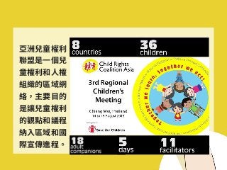 亞洲兒童權利
聯盟是⼀個兒
童權利和⼈權
組織的區域網
絡，主要⽬的
是讓兒童權利
的觀點和議程
納⼊區域和國
際宣傳進程。
 