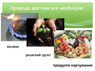 Природа дає нам все необхідне
паливо
родючий ґрунт
продукти харчування
 