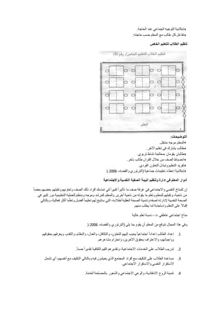 ‫الحاجة‬ ‫عند‬ ‫الجماعي‬ ‫التوجيه‬ ‫إمكانية‬.
‫حاجته‬ ‫حسب‬ ‫المعلم‬ ‫مع‬ ‫طالب‬ ‫كل‬ ‫تفاعل‬.
‫الخاص‬ ‫للتعليم‬ ‫الطالب‬ ‫تنظيم‬
‫التوضيحا‬:
‫متنقل‬ ‫موجه‬ ‫المعلم‬.
‫اآلخر‬ ‫تعليم‬ ‫في‬ ‫يشارك‬ ‫طالب‬.
‫يقومان‬ ‫طالبان‬‫تربوي‬ ‫نشاط‬ ‫بمعالجة‬.
‫بآخر‬ ‫طالب‬ ‫اقتران‬ ‫خالل‬ ‫من‬ ‫الصف‬ ‫انضباط‬.
‫الفردي‬ ‫التعاون‬ ‫وتبادل‬ ‫التعليم‬ ‫تفريد‬.
،‫والقضاه‬ ‫(الترتوري‬ ‫جماعية‬ ‫تعليمات‬ ‫إعطاء‬ ‫إمكانية‬2116).
‫واالجتماعية‬ ‫النفسية‬ ‫الصفية‬ ‫البيئة‬ ‫وتنظيم‬ ‫إدارة‬ ‫في‬ ‫المعلم‬ ‫أدوار‬
‫ص‬ ‫غرفة‬ ‫في‬ ‫واالجتماعي‬ ‫النفسي‬ ‫للمناخ‬ ‫إن‬ً‫ا‬‫بعض‬ ‫بعضهم‬ ‫وتقبلهم‬ ‫وتعاونهم‬ ‫الصف‬ ‫ذلك‬ ‫أفراد‬ ‫تماسك‬ ‫في‬ً‫ا‬‫كبير‬ً‫ا‬‫تأثير‬ ‫ما‬ ‫ف‬
‫في‬ ‫كبير‬ ‫دور‬ ‫التعليمية‬ ‫للعملية‬ ‫ومنظم‬ ‫وموجه‬ ‫كمرشد‬ ‫وللمعلم‬ .‫أخرى‬ ‫ناحية‬ ‫من‬ ‫يقوله‬ ‫ما‬ ‫وتعلم‬ ‫للمعلم‬ ‫وتقبلهم‬ ،‫ناحية‬ ‫من‬
‫ت‬ ‫لهم‬ ‫ستتيح‬ ‫التي‬ ،‫لطالبه‬ ‫العقلية‬ ‫الصحة‬ ‫وتنمية‬ ‫لصفه‬ ‫إلدارته‬ ‫النفسية‬ ‫الصحة‬‫وبالتالي‬ ،‫فعالية‬ ‫أكثر‬ ‫ما‬ّ‫وتعل‬ ‫أفضل‬ً‫ا‬‫عليم‬
‫منهم‬ ‫يطلب‬ ‫لما‬ ‫واستجابة‬ ‫التعلم‬ ‫على‬ ً‫ال‬‫إقبا‬.
‫عاطفي‬ ‫اجتماعي‬ ‫مناخ‬--->‫عالية‬ ‫تعلم‬ ‫نسبة‬
،‫والقضاه‬ ‫(الترتوري‬ ‫يلي‬ ‫بما‬ ‫يقوم‬ ‫أن‬ ‫المعلم‬ ‫من‬ ‫نتوقع‬ ‫المجال‬ ‫هذا‬ ‫وفي‬2116):
1.‫والتكاف‬ ،‫التعاون‬ ‫إليهم‬ ‫يحبب‬ ً‫ا‬‫اجتماعي‬ ً‫ا‬‫إعداد‬ ‫الطالب‬ ‫إعداد‬‫بحقوقهم‬ ‫ويعرفهم‬ ،‫والتقدم‬ ،‫والنظام‬ ،‫والعدل‬ ،‫ل‬
‫مشاعرهم‬ ‫واحترام‬ ،‫اآلخرين‬ ‫بحقوق‬ ‫واالعتراف‬ ،‫وواجباتهم‬.
2.ً‫ا‬‫حسن‬ً‫ا‬‫تقدير‬ ‫الثقافية‬ ‫القيم‬ ‫وتقديرهم‬ ،‫االجتماعية‬ ‫الخدمات‬ ‫على‬ ‫الطالب‬ ‫تدريب‬.
3.‫أنفسه‬ ‫مع‬ ‫التكيف‬ ‫وبالتالي‬ ‫فيه‬ ‫يعيشون‬ ‫الذي‬ ‫المجتمع‬ ‫أفراد‬ ‫مع‬ ‫التكيف‬ ‫على‬ ‫الطالب‬ ‫مساعدة‬‫تشمل‬ ‫أي‬ ،‫م‬
‫االجتماعي‬ ‫واالستقرار‬ ‫النفسي‬ ‫االستقرار‬.
4.‫العامة‬ ‫بالمصلحة‬ ‫والشعور‬ ‫االجتماعي‬ ‫والوعي‬ ،‫االنتقادية‬ ‫الروح‬ ‫تنمية‬.
 