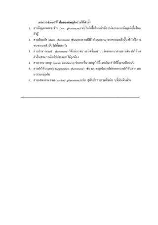 สามารถจาแนกฟีโรโมนตามพฤติกรรมได้ดังนี้
1. สารดึงดูดเพศตรงข้าม (sex pheromone) พบในผีเสื้อไหมตัวเมีย ปล่อยออกมาดึงดูดผีเสื้อไหม
ตัวผู้
2. สารเตือนภัย (alarm pheromone) เช่นมดตาย จะมีฟีโรโมนออกมาจากซากมดตัวนั้น ทาให้มีการ
ขนซากมดตัวนั้นไปทิ้งนอกรัง
3. สารนาทาง (trail pheromone) ได้แก่ กรดบางชนิดที่มดงานปล่อยออกมาตามทางเดิน ทาให้มด
ตัวอื่นสามารถเดินไปยังอาหารได้ถูกต้อง
4. สารจากนางพญา (queen substance) เช่นสารที่นางพญาให้ผึ้งงานกิน ทาให้ผึ้งงานเป็นหมัน
5. สารทาให้รวมกลุ่ม (aggregation pheromone) เช่น นางพญาปลวกปล่อยออกมาทาให้ปลวกงาน
มารวมกลุ่มกัน
6. สารแสดงอาณาเขต (territory pheromone) เช่น สุนัขปัสสาวะรดสิ่งต่าง ๆ ที่มันเดินผ่าน
-------------------------------------------------------------------------------------------------------------------------------
 