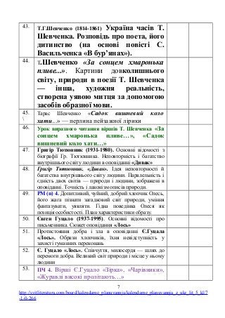 43. Т.Г.Шевченко (1814-1861) Україна часів Т.
Шевченка. Розповідь про поета, його
дитинство (на основі повісті С.
Васильченка «В бур’янах»).
44. Т.Шевченко «За сонцем хмаронька
пливе...». Картини довколишнього
світу, природи в поезії Т. Шевченка
— інша, художня реальність,
створена уявою митця за допомогою
засобів образної мови.
45.

Тарас Шевченко «Садок вишневий коло
хати...» — перлина пейзажної лірики
46. Урок виразного читання віршів Т. Шевченка «За
сонцем хмаронька пливе…», «Садок
вишневий коло хати…»
47. Григір Тютюнник (1931-1980). Основні відомості з
біографії Гр. Тютюнника. Неповторність і багатство
внутрішнього світу людини в оповіданні «Дивак»
48. Григір Тютюнник. «Дивак». Ідея неповторності й
багатства внутрішнього світу людини. Паралельність і
єдність двох світів — природи і людини, зображені в
оповіданні. Точність і лаконізм описів природи.
49. РМ (п) 4. Допитливий, чуйний, добрий хлопчик Олесь,
його жага пізнати загадковий світ природи, уміння
фантазувати, уявляти. Гідна поведінка Олеся як
позиція особистості. План характеристики образу.
50. Євген Гуцало (1937-1995). Основні відомості про
письменника. Сюжет оповідання «Лось»
51. Протистояння добра і зла в оповіданні Є.Гуцала
«Лось». Образи хлопчиків, їхня невідступність у
захисті гуманних переконань
52. Є. Гуцало «Лось». Співчуття, милосердя — шлях до
перемоги добра. Великий світ природи і місце у ньому
людини
53. ПЧ 4. Вірші Є.Гуцало «Зірка», «Чарівники»,
«Журавлі високі пролітають…»
7
http://svitliteraturu.com/board/kalendarne_planuvannja/kalendarne_planuvannja_z_ukr_lit_5_kl/7
-1-0-266
 